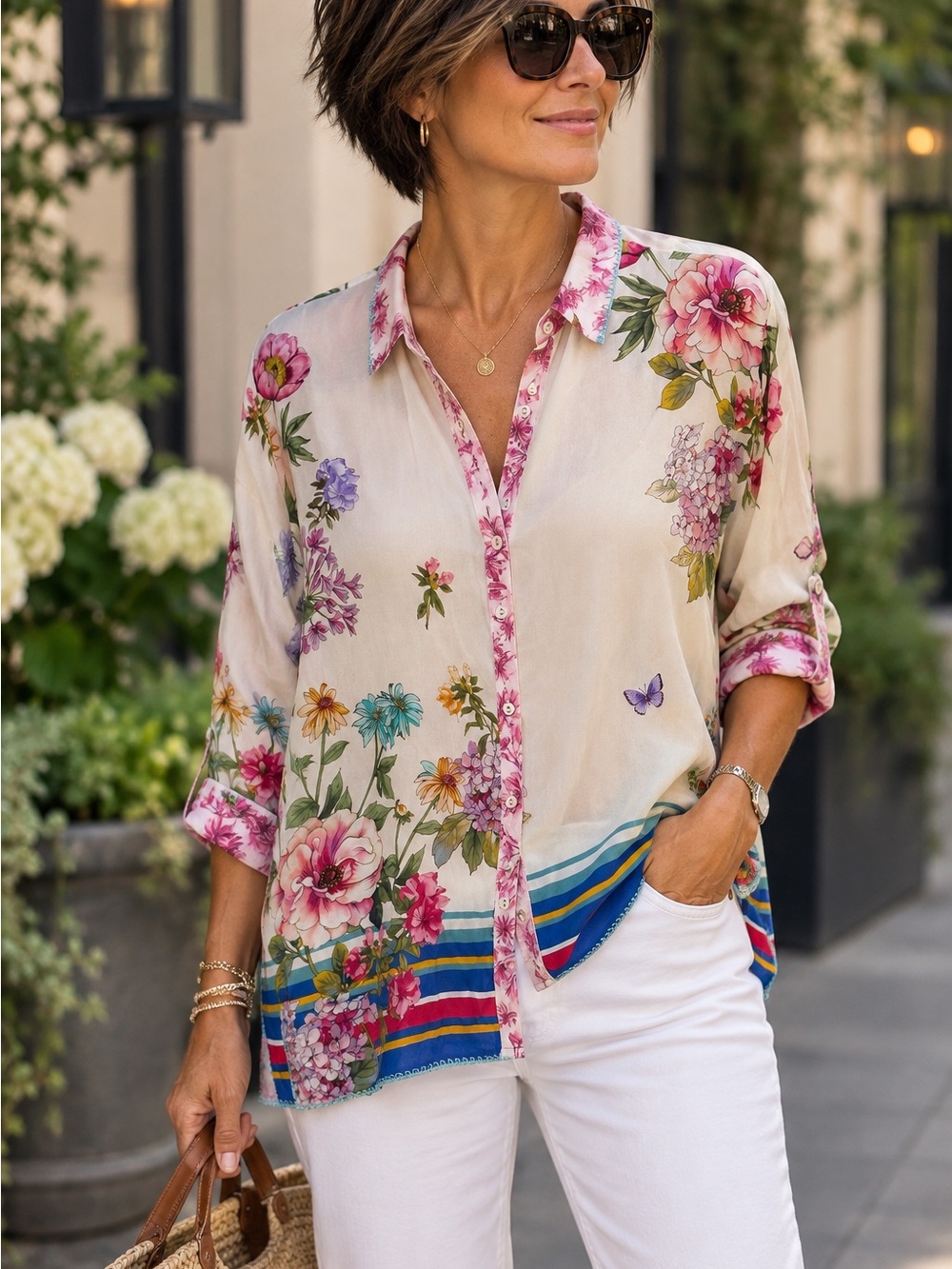 Johnny Was Floral Butterfly Silk Button Down Blouse Top Small